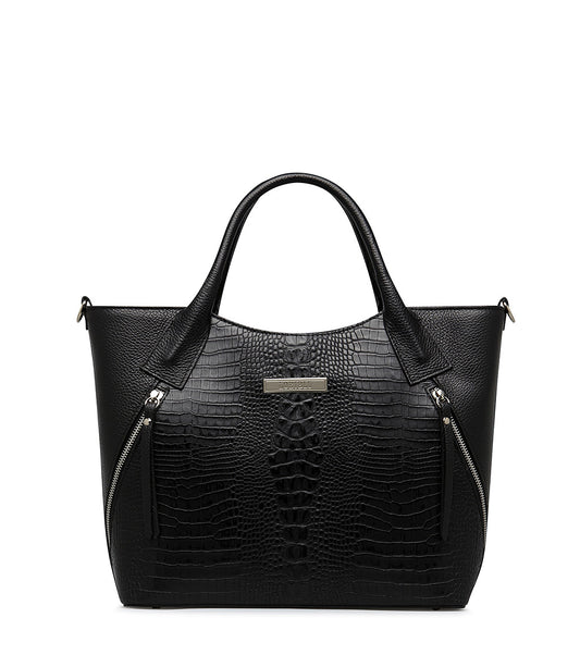 Black embossed texture leather tote bag