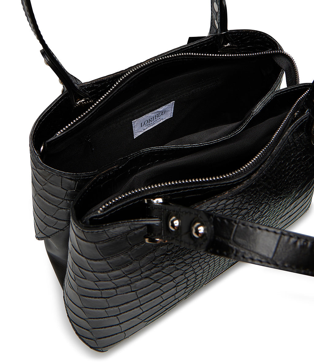 Black embossed texture leather tote bag