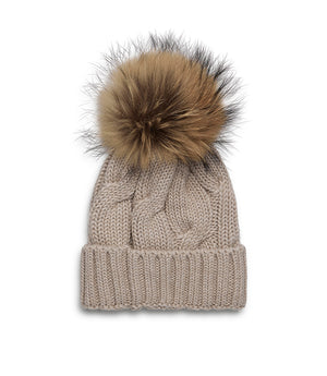 Cuffia in lana e acrilico colore beige con ponpon